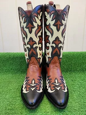 Vintage⭐ Longhorn ⭐ Tooled ⭐ Overlay⭐ Inlay ⭐1# Of A Kind ⭐western ⭐ Boot 10.5 D • $1100