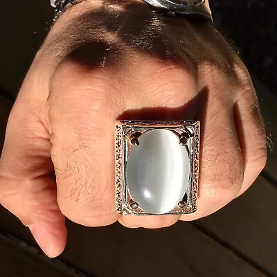 925 Sterling Silver Gray Moonstone Big Men's Ring Cat Eye Gemstone Jewelry • $189.05