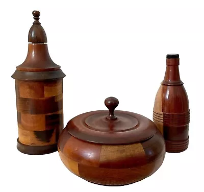 VINTAGE Hand Carved Wood Encased Glass Liquor Decanter Bar Bottles & Dish Set 3 • $139