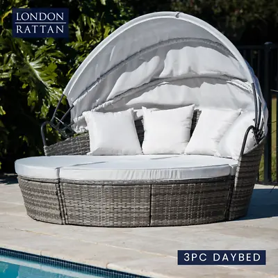 $599 • Buy LONDON RATTAN 3pc Outdoor Day Bed, Grey Wicker And Off White Canopy Sofa Wicker