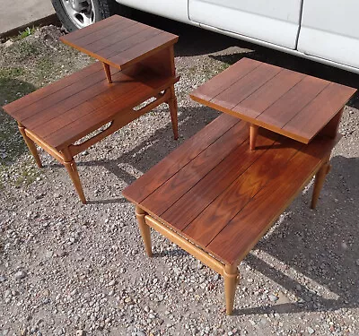 Pair Of Mid Century Walnut Step End Tables / Side Tables By Lane  (SET-8) • $699