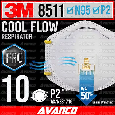 10 X 3M 8511 N95 P2 NIOSH Approved COOL FLOW PRO Face Mask Respirator Valve NEW • $109.99