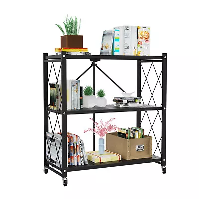 USED 3/4 Tier Heavy Duty Foldable Metal Rack Storage Shelving Unit Wheel Kitchen • $32.99