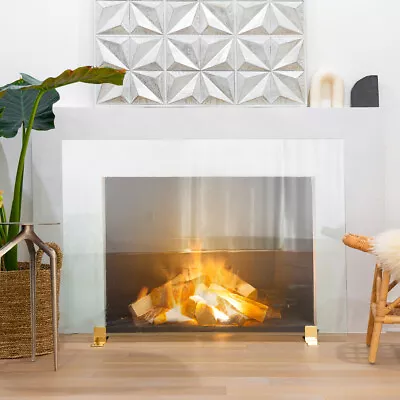 46  Wide Fireplace Spark Guard Tempered Glass Single Panel Screen Clear/Gold • $194.95