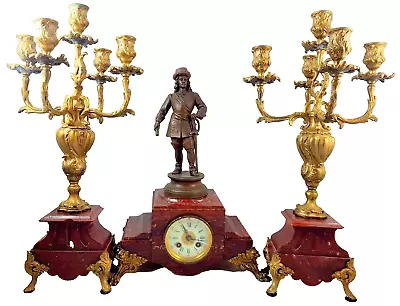 Antique French Kaminuh Figurine Clock 1899 Two Candelabra Samuel Martí • $249.50