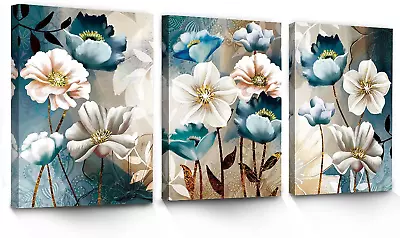 3 Piece Lotus Flower Canvas Wall Art For Living Room White And Indigo Blue Flora • $46.16