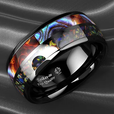 8/6mm Black Tungsten Ring Hawaiian Opal And Abalone Inlay Men ATOP Wedding Band • $20.99