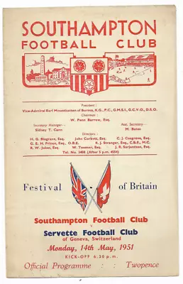 1951 Festival Of Britain - SOUTHAMPTON V. SERVETTE GENEVE • £31.87