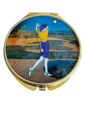 Vintage Hinged FOLDING DOUBLE MIRROR Compact Golfer Enamel Crystal Gold Glitter • $15