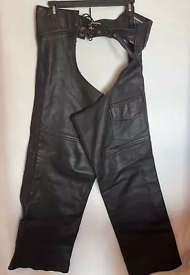 MOB Genuine Leather Chaps Black Large Motorcycle Riding Costume Halloween Biker • $29.69