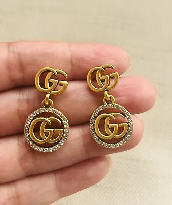 Dangle Drop Earring GG Gold Tone With Simulated Diamond • $40