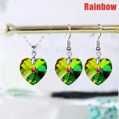 3pcs/set Women Rainbow Heart Crystal Pendant Necklace Earring Bridal Jewelry Set • $0.65