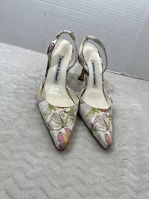 Manolo Blahnik Cream Butterfly Print Slingback Heels Women’s Sz 35 US 45-5 • $135