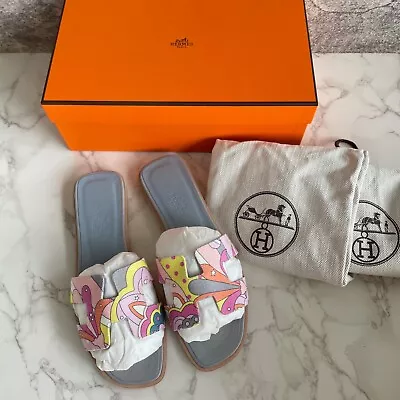 $920 • Buy New Authentic HERMES Oran Sandal Mules Slides Shoes Flats Canvas Size 37