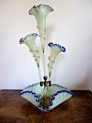 Antique English Victorian Vaseline And Blue Glass Epergne Centrepiece 45 Cms H • £99.99