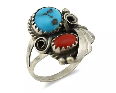 Navajo Ring .925 Silver Morenci Turquoise & Coral Native Artist Signed JM C.80's • $118