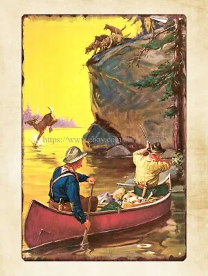 Cabin Decor 1930 Calendar Print Hunters In Canoe Hy Hintermeister Metal Tin Sign • $15.91
