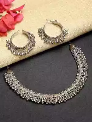 Ethnic Indian Traditional Bollywood Afghani Silver Oxidized Choker Necklaces Set • $20.80