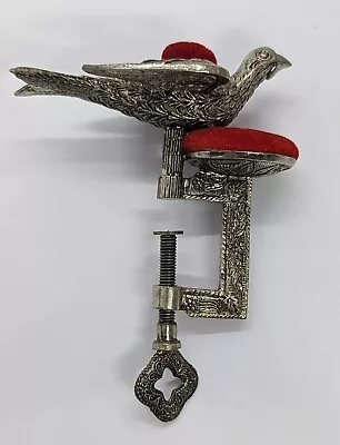 Antique Style Repro Silver Metal Bird W/2 Red Sewing Pin Cushions Clamp 3.75 L  • $69.99