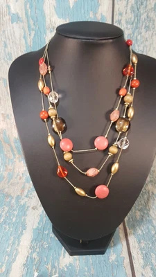 £6.95 • Buy M&S Red Peach Silver Tone Beads Collar 3 Tier Necklace Costume Jewellery