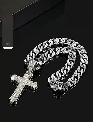 Necklace & Rhinestone Chunky Silver Cross Bling Charm Chain Mens Jewellery Woman • £8.99