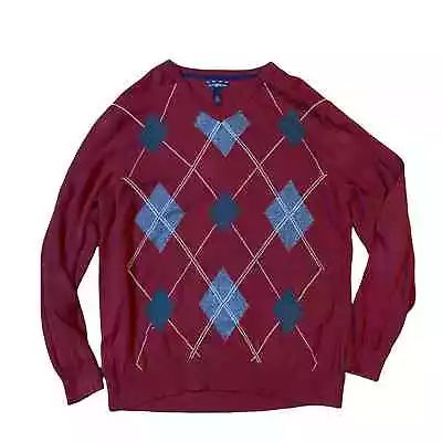 Club Room Argyle V Neck Sweater Mens Size XL Red Maroon Gray White Academia • $19.90