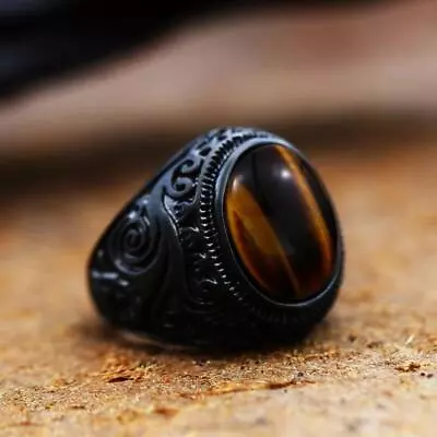 Luxurious Brown Tiger Eye Stone Signet Ring Stainless Steel Retro Wedding Ring • $10.99