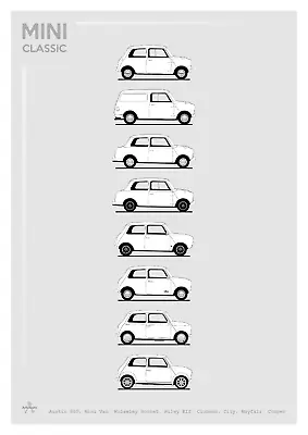 POSTER - MINI CLASSIC EVOLUTION B+W - (A4 A3 A2 Sizes) Car Cooper Clubman Mayf • £10.49