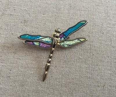VINTAGE Gold-Tone Foil WEST GERMANY Iridescent DRAGONFLY Brooch Pin J45 • $9