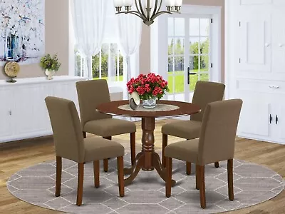 5pc Dinette Kitchen Dining Set Round Pedestal Table W/ 4 Parsons Chairs Mahogany • $555