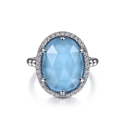 Gabriel & Co SS Oval Rock Crystal & Turquoise Signet Ring W/White Sapphire Halo • $365