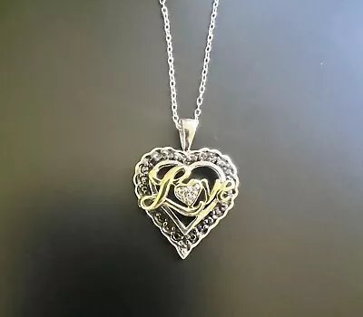Zales Heart Necklace Sterling Silver W/Black & Clear Diamond 19  • $36.99