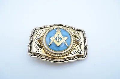 Vintage 1980s Masons Masonic Belt Buckle Ornate Floral Blue Silver & Gold Tones • $24.99