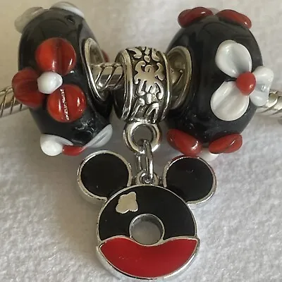 3pc Disney Lot MICKEY MOUSE European Charm + 2 Murano Lampwork Glass Bead Set • $9.99