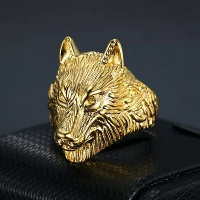 $8.77 • Buy Stainless Steel Base Gold Plated Wolf Dog Head Men's Craft Designer Ring M136