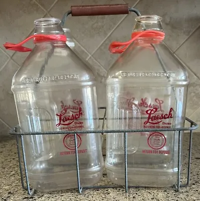 Vintage Plastic Half Gallon Milk Jugs-4 From Laesch Dairy W/ Metal Carrier Rack • $65