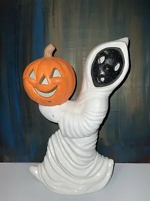 Vintage Ceramic Halloween Ghost W Jack O Lantern Pumpkin Light Up 12  Figure • $38