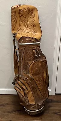 Vtg Mexican Genuine Brown Leather Aztec Indian Mayan Golf Bag Tooled Mexico • $89.99