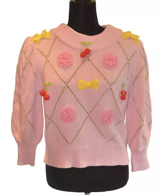 *Manoush* Pink Jumper With Applique Flowers & Cherries M (UK 12/14)^ • £44.99