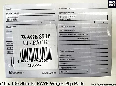 (10-Pack) Wages Slip Detail Pads 1000-Sheets PAYE NI TAX Pension (VAT Incl) • £14.95