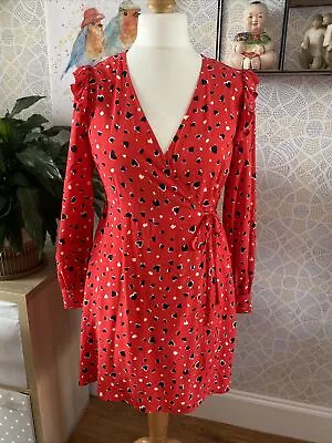 Red Love Heart Print Wrap Dress Size 10 Frill Summer BNWT New Look • £15.99