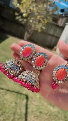 Pink Earrings Tikka Set Wedding Jewellery High Quality Indian Jewellery • $29