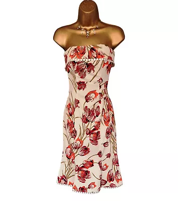 Karen Millen Vintage Ivory Coral Tulip Flower Print Chelsy Corset Dress UK 8 US • £69