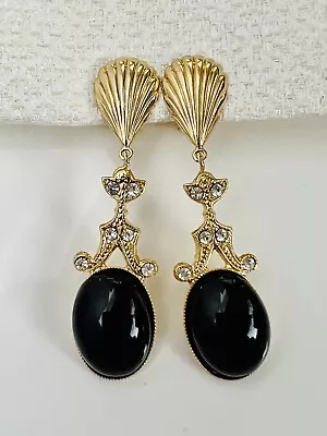 Vintage 1980s Gold Plated Dangle Earrings Crystals Black Clip On Victorian Style • £19.99