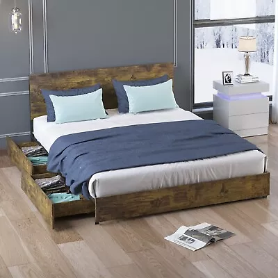 King Size Bed Frame With 4 Drawers And Headboard Brown Bed Frame With Storage • $259.99