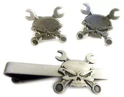 Skull Cross Wrenches Mechanic HOG Biker Tie Bar Clip Cufflink Cuff Links Set • $32.99