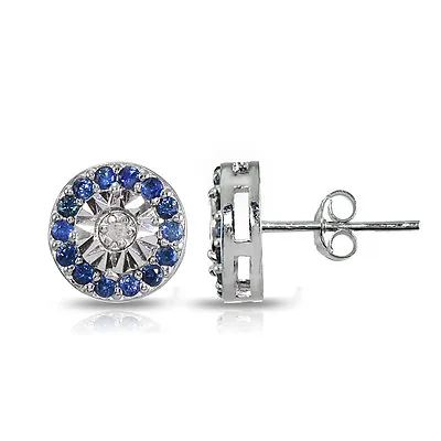925 Silver Genuine Blue Sapphire And Diamond Accent Illusion-Set Stud Earrings • $39.99