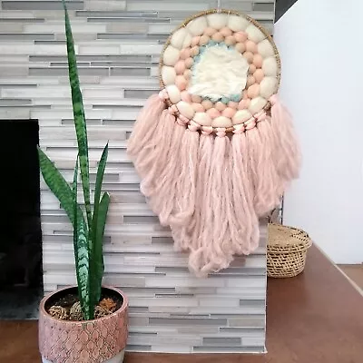 80s Vintage Pastel Dreamcatcher Woven Rabbit Fur Southwest Decor Fluffy Boho 2' • $39.95