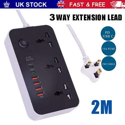 UK Extension Lead Cable Electric Mains Power 3 Gang Way 6 USB Ports Plug Socket • £11.90