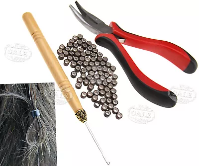 Hair Extension Kit Metal Pliers And Pull Hook With 100pc Micro Silicones Beads • £9.71